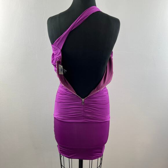 BOUBOU Purple Cotton Blend One Shoulder Embellished Ruched Mini Cocktail Dress S - Picture 5 of 7